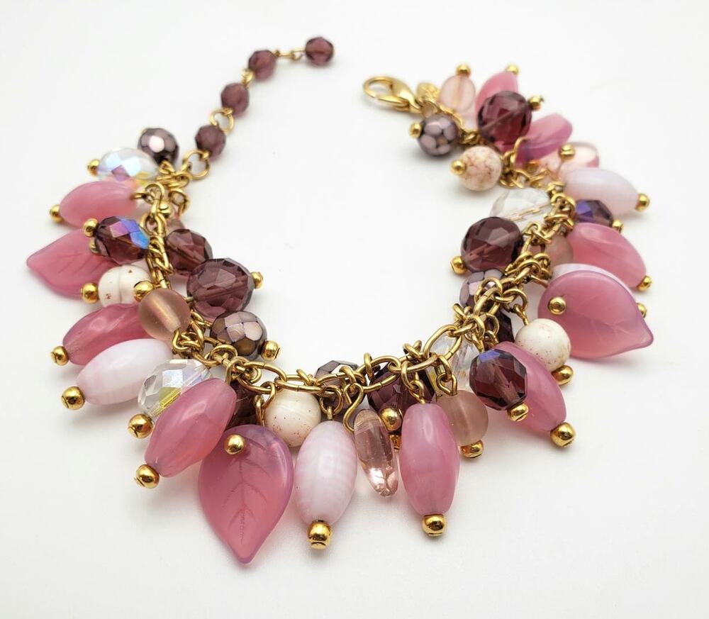 VTG Signed Joan Rivers Pink Glass Gold Tone 8.5" Beaded Bracelet Czech Republic